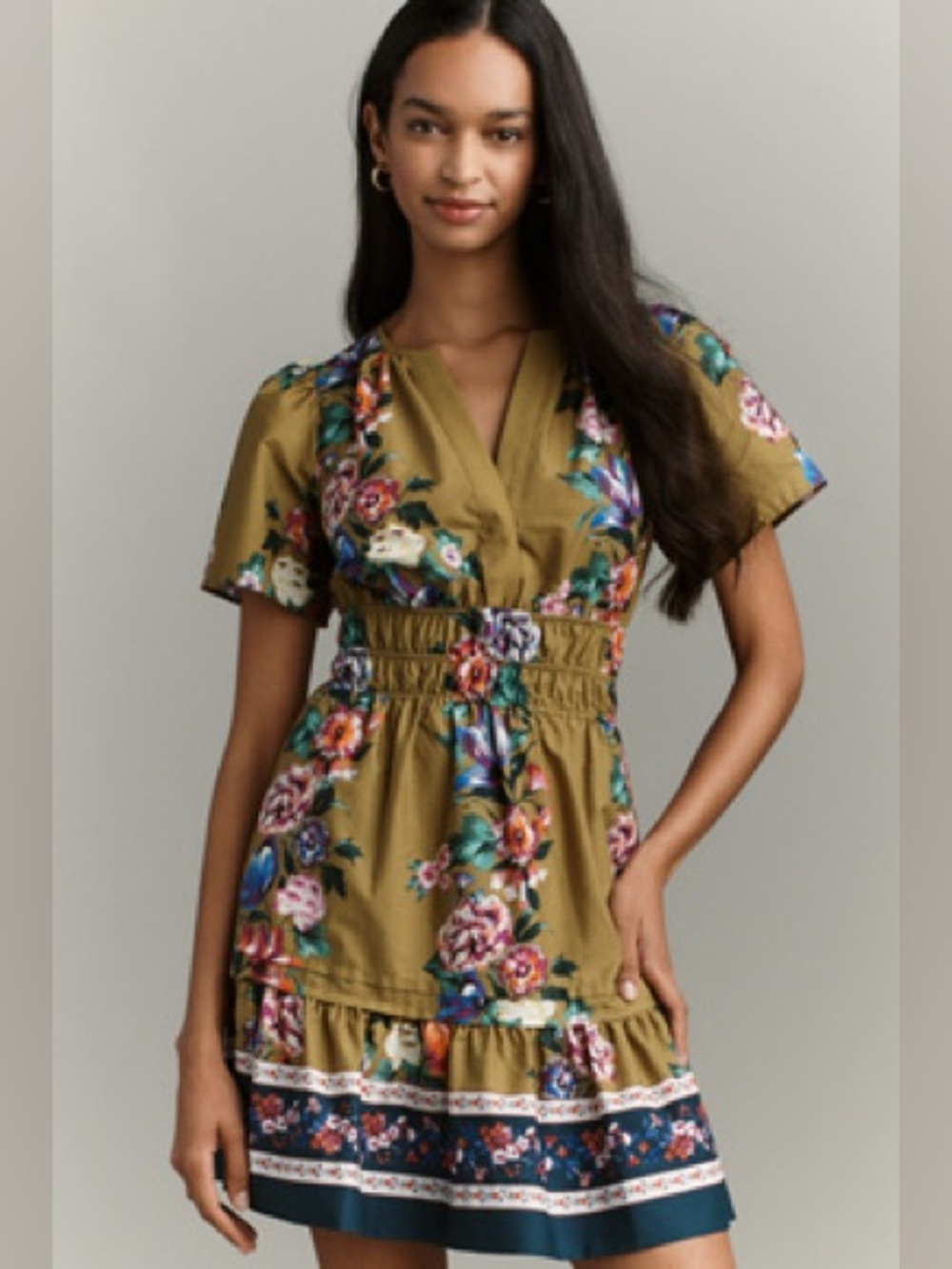 Anthropologie summer Mustard Floral Tiered Dress with Navy Trim- WORN ONCE